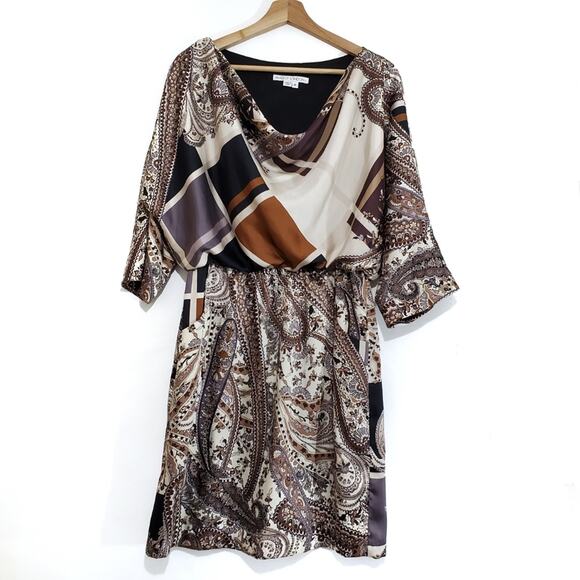 Maggy London | Drapey Mixed Pattern 3/4 Sleeve Silky Dress with Pockets - Picture 1 of 8